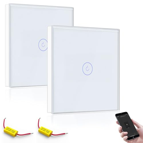 BSEED Smart Lichtschalter,1 Fach 2 Wege WiFi Lichtschalter arbeitet mit Alexa und Google Home,Glas Touch Schalter mit Smart Life APP Steuerung und Timing-Funktion Weiß(NO neutraler Draht) 2 Stück