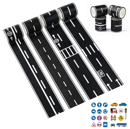 KLYKLL 4 Rouleaux de Ruban Adhésif Route 5cm x 5m, Road Washi Tape Set, Ruban Autocollant Decoratif Autoroute, Masking Tape Route avec Autocollant de Panneau de Signalisation, pour DIY Scrapbooking