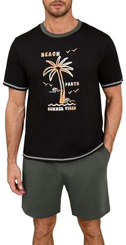 Terecey Conjunto de Pijama Hombre Verano Algodón Impresión de Palmeras Playa Hawaiana Camiseta de Manga Corta y Pantalón Corto con Bolsillos Ropa de Dormir Cómoda