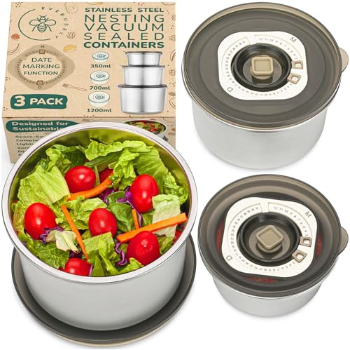 Everusely Recipientes para alimentos sellados al vacío con fecha de caducidad - Juego de 3 recipientes metálicos para el almuerzo con tapas translúcidas - A prueba de fugas y aptos para alimentos