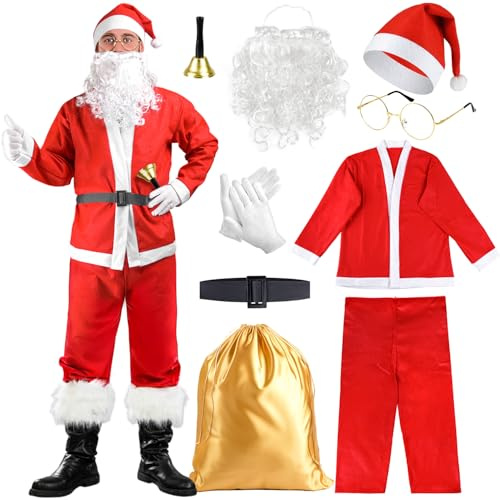 iZoeL Vestito Babbo Natale Uomo Costume Babbo Natale Uomo Donna Adulti - Top Pantaloni Cappello Barba Campane Occhiali Guanti Sacchi, per Uomo Donna Adulti