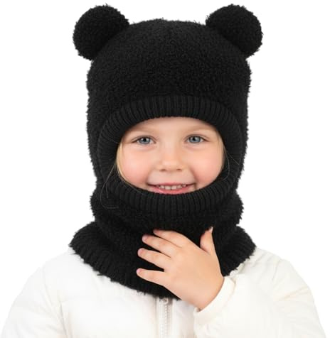 AYPOW Vintermössa för barn från 4 till 8 år, varm stickad hatt öronhalsduk med pompong, termisk vindtät mössa, småbarn, pojke, flicka, fleecefodrad ansiktsmask, svart, One size