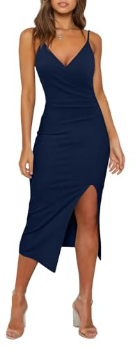 MISSJOY Party Dresses for Women Sleeveless Spaghetti Strap Elegant Formal Cocktail Birthday Dinner Midi Dress with Slit Navy Blue M