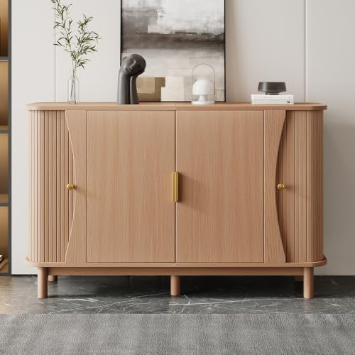 BNUZ Aparador 140 x 40 x 88 cm de MDF, cómoda con bordes curvados, 2 puertas correderas, armario de almacenamiento para salón, pasillo, soporta hasta 60 kg, armario auxiliar de madera natural