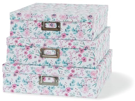 Soul & Lane Floral Decorative Storage Boxes With Lids, Set of 3 Pretty Nesting Cardboard Letter Storage Boxes for Photos, Documents, Scrapbooks, Keepsakes, Memories