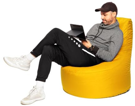 PATCH HOME Puf Beanbag para gamer, 2 tamaños, 25 colores, XXL, 80 cm de diámetro, 30 cm de altura del asiento, 90 cm de altura, amarillo