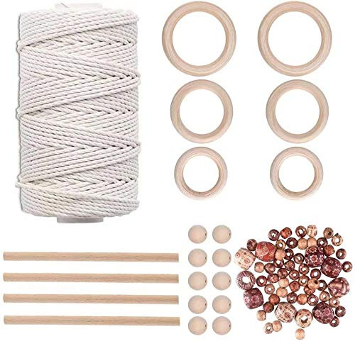 ZONUV Corde de 200m, Fil Naturel de Macramé de 3mm, 4 Bâtonnets en Bois, 6 Anneaux en Bois, 108 Perles en Bois, 10 Graines - Kit de Macramé pour Suspensions Végétales, Artisanat DIY et Décoration