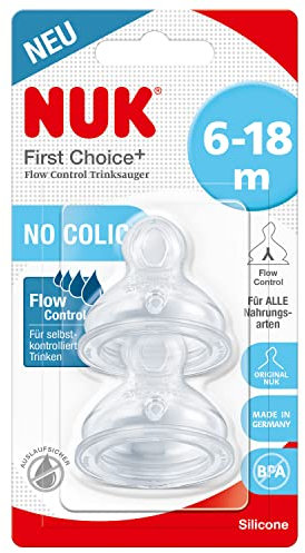 NUK First Choice+ Flow Control Trinksauger für Babyflaschen | 6–18 Monate |Anti-Colic-Ventil | BPA-frei | 2 Stück