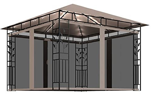 vidaXL Tonnelle avec Moustiquaire et Lumières LED Belvédère de Jardin Pavillon d'Extérieur Tente de Réception Chapiteau Barbecue 3x3x2,73 m Taupe