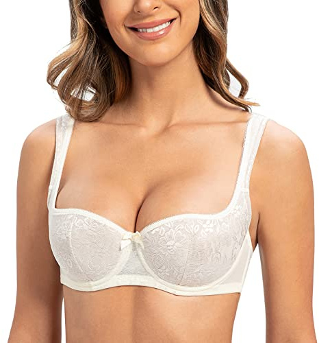 MELENECA Balconette-bh för kvinnor med vadderad rem Halvkopp bygel Sexig spets Off White 100C