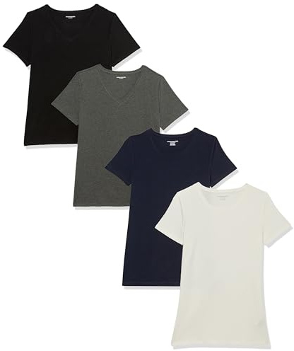 Amazon Essentials Camiseta de Manga Corta con Cuello Redondo y Corte Recto Mujer, Pack de 4, Azul Marino/Blanco/Carbón Mezcla/Negro, L