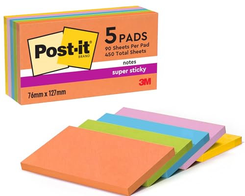 Post-it Super Sticky Notes Boost Color Collection, 5 Blöcke, 90 Blatt pro Block, 76 mm x 127 mm, Orange, Grün, Rosa, Gelb, Blau – extra Haftnotizen für Notizen, To-Do-Listen und Erinnerungen, Mittel