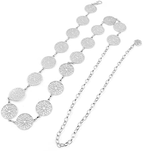 Hsthe Sea Cinturón de cintura larga con hebilla ajustable de plata de 51 pulgadas, cinturón de vestir,cinturón de cadena para mujer, cinturón de cintura con anillo de metal tallado a calado vintage