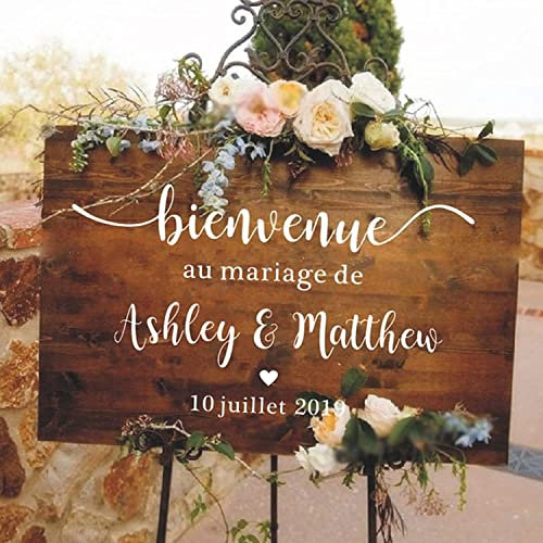 Bienvenue Autocollant De Mariage, Panneau De Réception Français, Conseil Personnalisé pour Verre, Nom et Date (42x24cm)