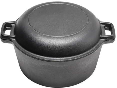 Warmiehomy Forno olandese 2 in 1, pentola in ghisa pre-stagionata da 5 l, con coperchio per padella, padella antiaderente e set di pentole con due manici per interni ed esterni, 26 cm