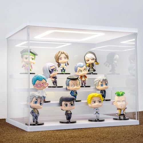 AZEYN Vitrine Acrylique Transparente avec Éclairage LED, Boîte d'Exposition 3/4/5/6 Niveaux Anti-Poussière Vitrine Présentoir pour Figurines, Collections, Modèles (Blanc, 4 Étagère 32 x 24,5 x 27cm)