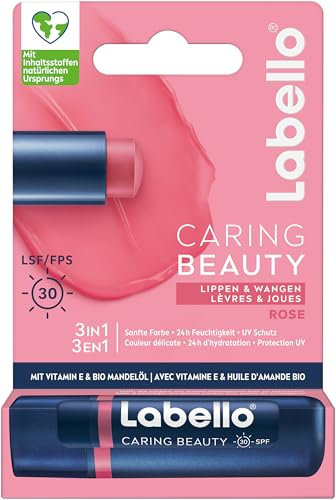 Labello Caring Beauty Rose Lippenpflegestift mit Farbe und Sonnenschutz (4,8 g), farbige Lippenpflege mit LSF 30, Vitamin E & Bio-Mandelöl, Lippenbalsam für Lippen & Wangen