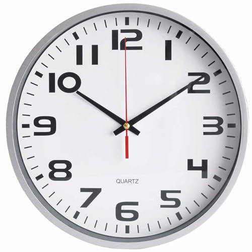 TECHZOCO Reloj de Pared, Apto para Oficina, Cocina, Dormitorio, Movimiento Cuarzo silencioso, Reloj Decorativo, Marco Plateado Esfera Blanca, 24.5 cm de diámetro