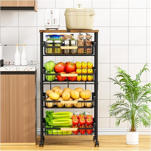 OrderlyGo 5-Tier Kitchen Trolley on Wheels-Vegetable Storage Rack with Wooden Top, Lockable Wheels & Stackable Baskets, Mobile Organizer for Kitchen, Pantry, Office (Black)