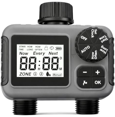 rainfactory Temporizador con 2 salidas, IP55 resistente al agua, retardo de lluvia, temporizador digital de riego, 2 salidas para dos zonas diferentes, manguera de goteo inteligente de control de