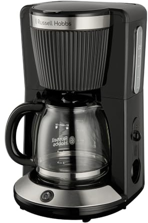 Russell Hobbs Cafetera de Goteo [1,25L, 1100W] Brontë Matte Black (Jarra de vidrio, 10-15 tazas, WhirlTech, Mantiene calor, Cuchara, Pausa para servir, Nivel agua, Luz indicadora, Negro) 26780-56