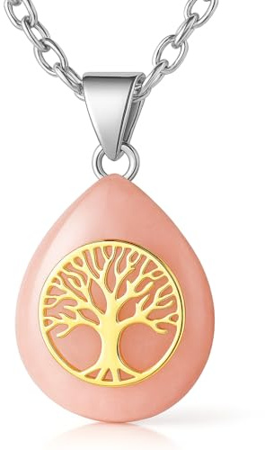Collar Árbol de la Vida Para Mujer en Plata de Ley 925 – Colgante con Piedra Natural (Cuarzo Rosa o Amatista), Cadena Hipoalergénica, Joyería Espiritual, Amuleto de Amor y Protección (Cuarzo Rosa)