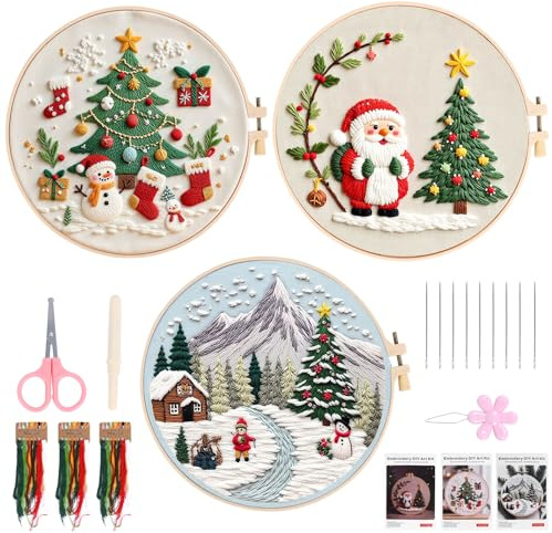 PCXWTLN Embroidery Starter Kit, Set of 3 DIY Embroidery Needlepoint Supplies Kit Embroidery Kits with Embroidery Shed, Scissors, Needle Threader, Seam Ripper for Adults Kids Starter