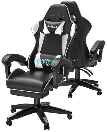bigzzia Silla Gaming, Silla Ergonómica con Reposapiés para Videojuegos, Silla Gaming con Almohada Lumbar de Masaje y Reposacabezas, Altura Ajustable para Gaming, Estudio y Oficina (Blanco)