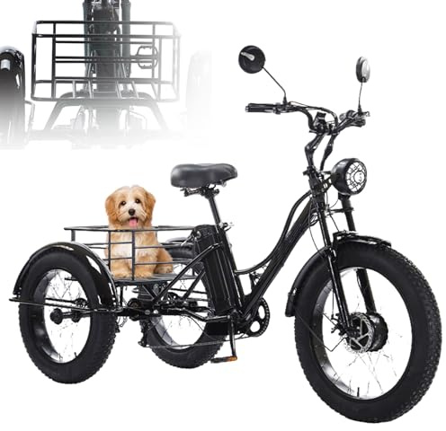 Elektrisk lasttrehjuling med breda däck för vuxna, pedalstöd, 200 kg lastkapacitet, bagagekorg, för shopping och träning