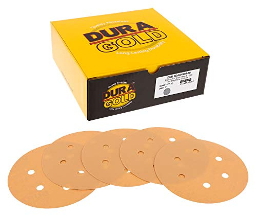 Dura-Gold Premium 400 Grit 6 Gold Sandpaper Discs, 6 Hole Pattern Dustless, Box of 50 - Hook & Loop Backing for DA Sander, Finishing Fine Cut Sanding Abrasive Automotive Paint, Woodworking Wood Metal