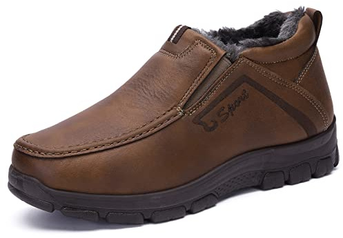 COSIDRAM Men's Winter Snow Boots Cotton-Padded Leather Shoes Slip On Casual Comfortable Fashion Outdoors Walking Sneakers Waterproof Anti-Skid House Shoes Brown Size 8.5
