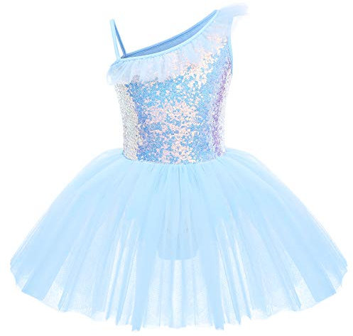 IWEMEK Kinder Ballettkleidung Mädchen Ballettkleid Ärmellos Rüsche Pailletten Balletttrikot Ballettanzug Tanzkleid Tanzbody mit Tütü Rock Ballettrock Gymnastik Tanzbekleidung Blau 7-8 Jahre