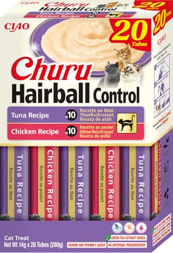 INABA Churu Hairball Snack Gatti per Prevenire le Palle di Pelo - Gusti Tonno e Pollo, 20 Stick x 14g - Cibo per Gatti con Omega 3 e 6, Taurina e Vitamina E Contro i Boli di Pelo, Snack Funzionale