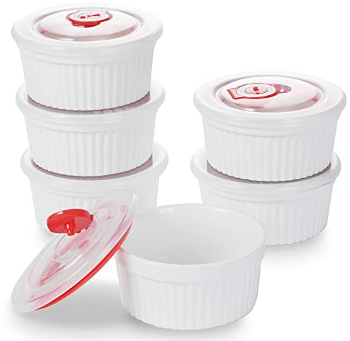 12 oz Ramekins with Lids - 6 pcs Porcelain Ramekins Dishes for Souffle,Creme Brulee, Pudding, Custard Cups,Bakeware Bowls Set for Baking,Oven Safe, White (4.5 inch)