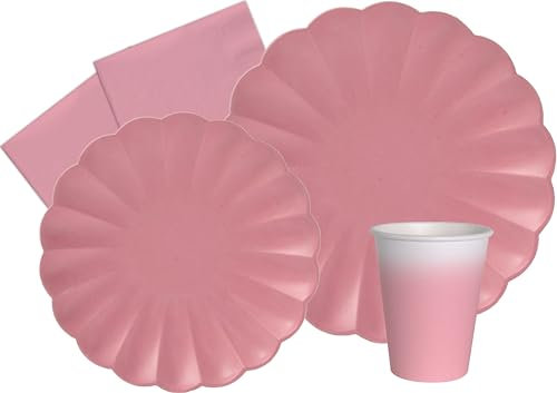 Kit Party Tavola Flower Shape per 24 persone (112 pezzi: 24 piatti Ø23cm, 24 piatti Ø18cm, 24 bicchieri 200ml, 40 tovaglioli 33x33cm) in carta compostabile eco-friendly,rosa antico