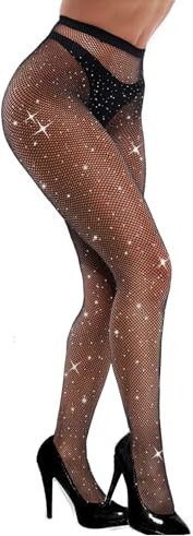 VEBZIN Sexy glitzernde Netzstrümpfe mit Strasssteinen, hohe Taille, Netzstrumpfhose für Frauen, Party-Strumpfhose, Schwarz, Einheitsgröße