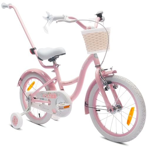 sun baby Flower Bike Vélo pour Une Fille 12 14 16 Pouces, Vélo Enfant 2-6 Ans, avec Barre de poussée, Panier, Sonnette (Rose, 16 Pouces)