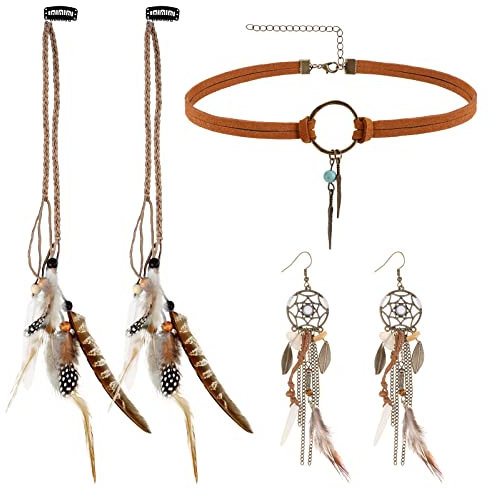 MWOOT Feder Haarverlängerungen, Feder Haarschmuck Clip Damen, Retro Leder Choker Halskette, Traumfänger-Ohrringe, Boho Stammes-Schmuck Set für Frauen Karneval Verkleiden Kostüm Party