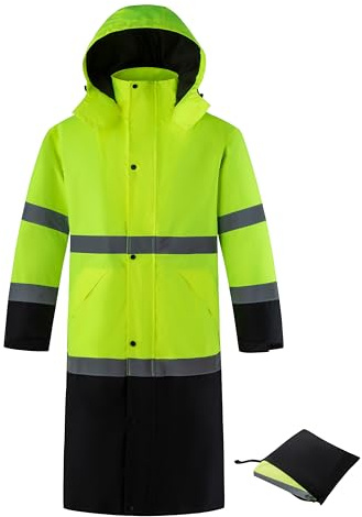 Ubon Men's Hi Vis Long Raincoat Waterproof Reflective Safety Rain Jacket High Visibility with Black Bottom and Detachable Hood, Yellow, Small