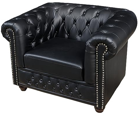 Sessel CHESTERFIELD - 110cm - schwarz - Kunstleder Federkern-Polsterung | Armlehne, Rundumbezug, Knopfheftung, Nietenbesatz, hoher Komfort, pflegeleicht, langlebig