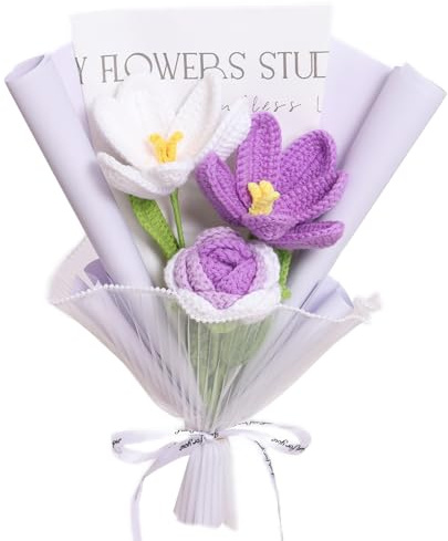 YOFANUP Crochet Flowers Bouquet, Finished Handmade Crochet Flowers, Knitted Bouquet, Purple Roses, Purple Tulip, Preserved Flower for Mothers Day, Valentines Day, Birthday
