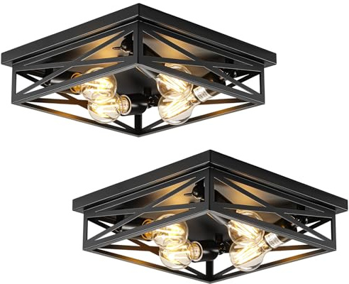 2 Pack Flush Mount Ceiling Light Fixture, Black Hallway Light, Metal Cage Closed to Ceiling Mounted Lights, 4-light Farmhouse Flush Mount Light Fixture for Bedroom Hallway Entryway E26 Base 13in