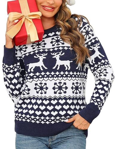 Leversic Pull de Noël Femme Hiver Chaud Christmas Jumper Pull Manches Longues Femme Bleu L