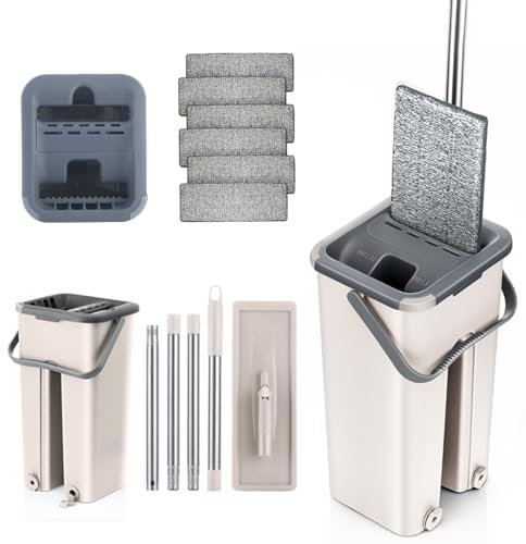 Mopa para Limpiar Azulejos y Paredes Mopa Fregona con Cubo Escurridor Fregona Autoescurrible Mopas de Limpieza Suelos Mop Bucket Set 6 Almohadillas Gamuza Trapeador Microfibra
