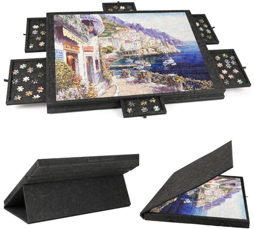 Ruication Tilting Jigsaw Puzzle Board 2-in-1 Designed Stand & Cover Lightweight Felt Jigsaw Board 1000 Pieces Portable Jigsaw Puzzle Table with 6 Drawers for Adults Gift