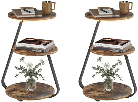 ARTETHYS Side Table Set of 2, Bedside Small Coffee Table with 3 Color LED Lights, End Table with 3 Tier Storage Shelves for Living Room Bedroom, Rustic Brown