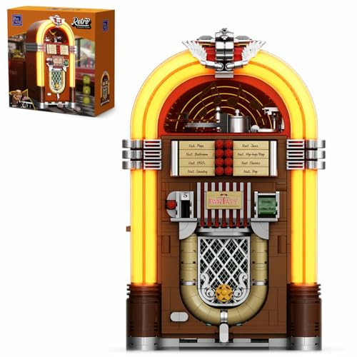 PANTASY Kit retrò jukebox con moneta e suono, modello musicale meccanico con dischi in acrilico, studio di registrazione e minifigure, kit da collezione come regalo per adulti e adolescenti