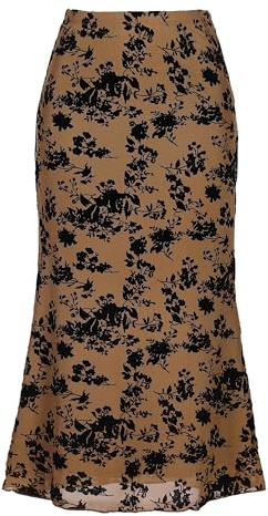 Allegra K Mujer Falda Floral Elástica, De Cintura Alta de Malla con Cola de Pez para Otoño e Invierno Elegante Falda Midi Marrón M
