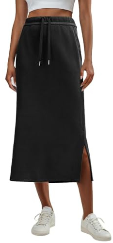 GRECERELLE Gonna da donna, lunga, elegante, senza pieghe, estiva, linea ad A, elasticizzata, a vita alta, maxi gonna con tasche con coulisse, Nero , S