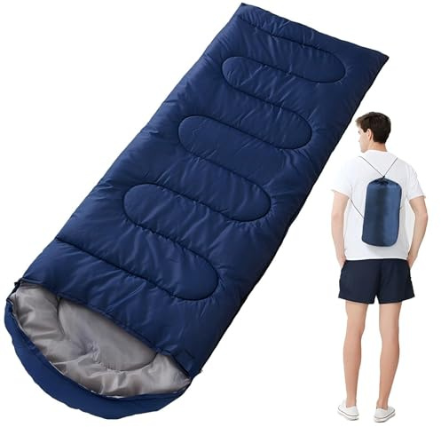 Saco de dormir cálido ligero de 4 estaciones con bolsa de compresión para adultos, niños al aire libre acampando, senderismo (azul)